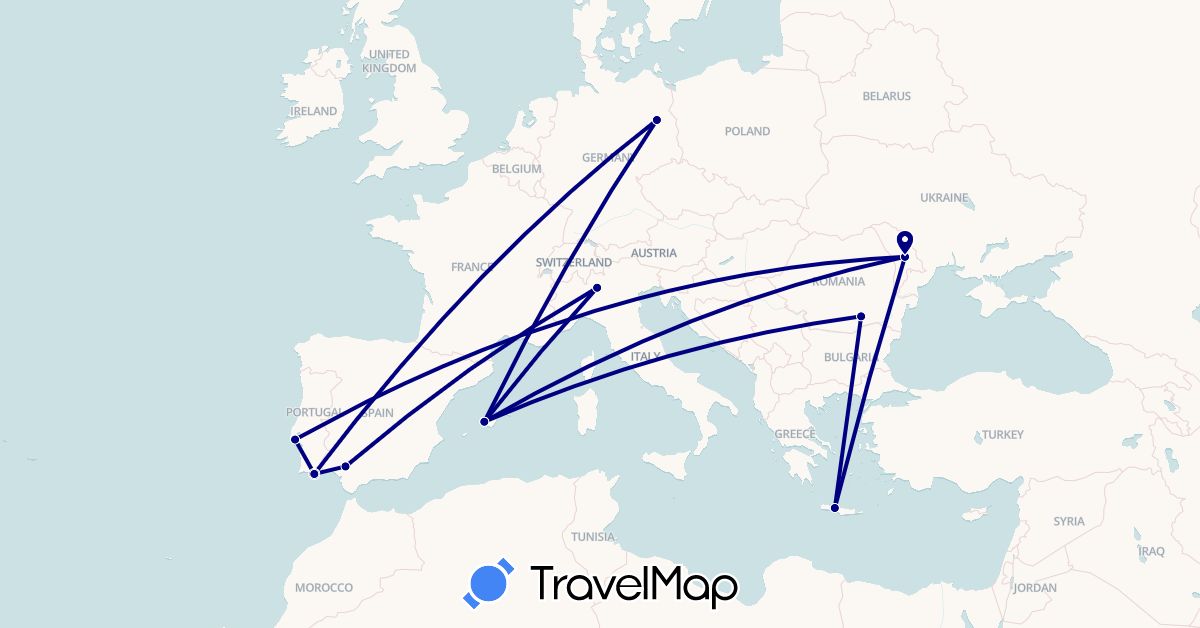 TravelMap itinerary: driving in Germany, Spain, Greece, Italy, Moldova, Portugal, Romania (Europe)